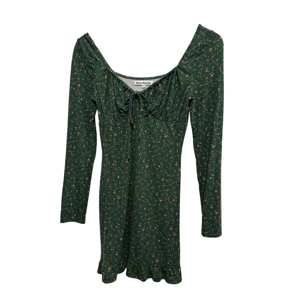 Reformation Green Floral Anjeline Mini Dress Small Ruffle Hem Sweetheart Neck